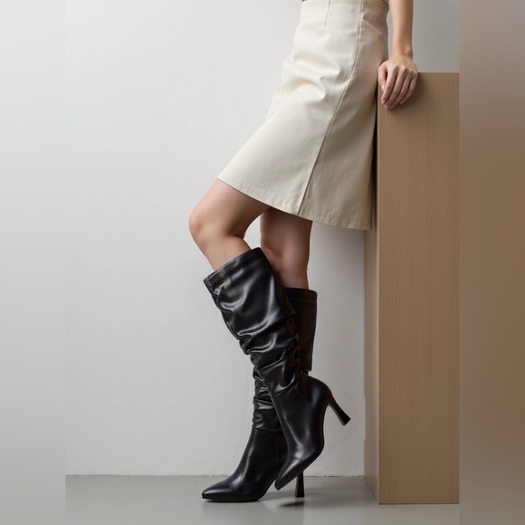 🖤 NEW Black Faux Leather Stiletto Knee High Boots – Slouchy, Pointed Toe, Size - Picture 1 of 8